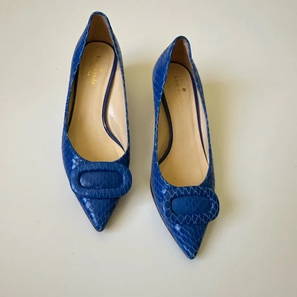 Kate Spade Blue Snake-print Kitten Heel Buckle Pumps Shoes Made In ITALY~7 - Picture 2 of 7